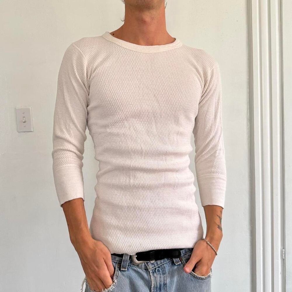 Vintage 70s Blank Cotton White Baselayer Thermal Longsleeve